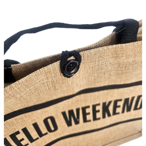 Hello Weekend Print Burlap Tote Beach Bag Tan - Picture 2 of 7